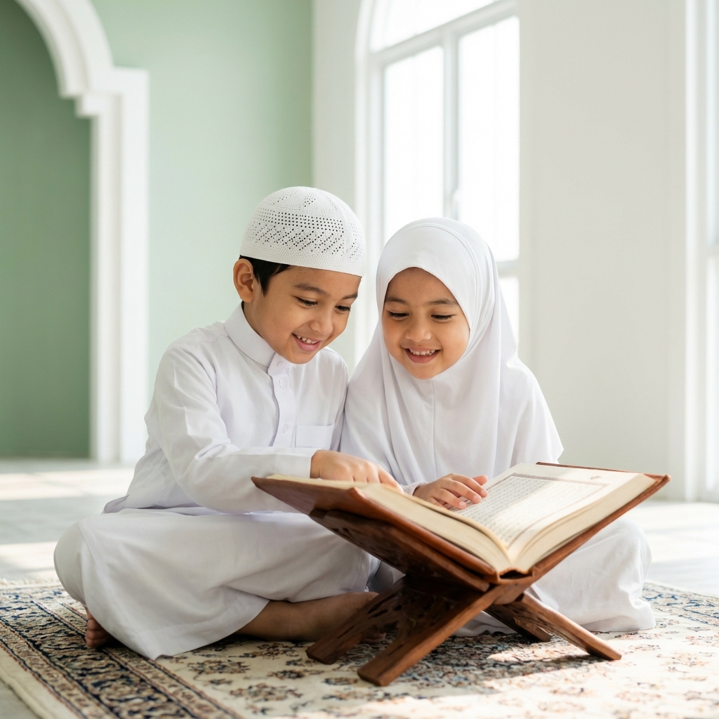 Two muslim children reading Quran together