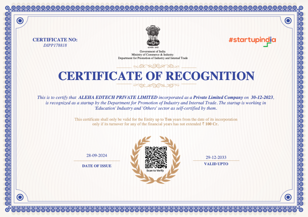 Startup India Certificate of Recognition for Aleha Edtech